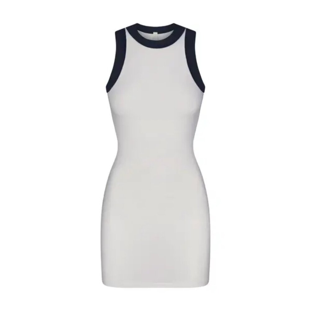 SKIMS soft lounge ringer tank dress in white and navy